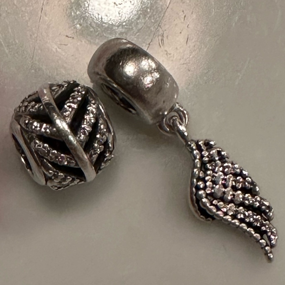 2 Authentic Retired Pandora Sterling Silver Angel Feather Clear CZ Charms
